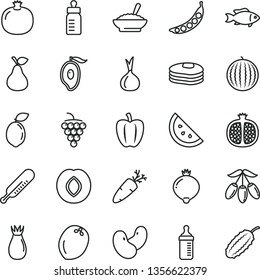thin line vector icon set - feeding bottle vector, measuring for, mercury thermometer, a bowl of buckwheat porridge, carrot, fish, pear, orange slice, pancakes, pomegranate, half, large grape, plum