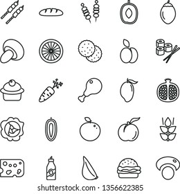 thin line vector icon set - piece of cheese vector, loaf, fried vegetables on sticks, burger, porcini, muffin, chicken leg, barbecue, garlic, sushi set, apple, biscuit, mint, liquor, ripe peach