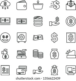 thin line vector icon set - dollar vector, strongbox, cards, shopping basket, coins, column of, denomination the, article on, financial item, get a wage, catch coin, wallet, money, cash, machine