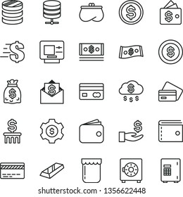 thin line vector icon set - bank card vector, purse, dollar, big data server, strongbox, jam, reverse side of a, column coins, get wage, wallet, dollars, cash, gold bar, money rain, coin, gear, mail