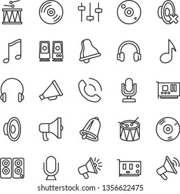 thin line vector icon set - bell vector, desktop microphone, horn, loudspeaker, silent mode, drumroll, drum, headphones, music, CD, phone call, megaphone, pc card, speaker, note, settings