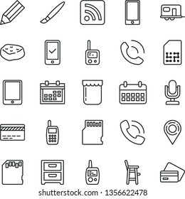 thin line vector icon set - tassel vector, desktop microphone, calendar, bank card, rss feed, toy phone, mobile, a chair for feeding child, smartphone, nightstand, call, piece of meat, jam, SIM, sd