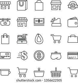 thin line vector icon set - paper bag vector, grocery basket, bank card, dollar, children's potty, cart, with handles, kiosk, stick of sausage, shopping, antique advertising signboard, front the