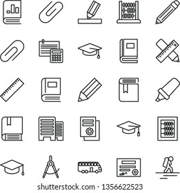 thin line vector icon set - clip vector, graphite pencil, yardstick, book, new abacus, e, buildings, writing accessories, drawing, calculation, square academic hat, scribed compasses, on statistics