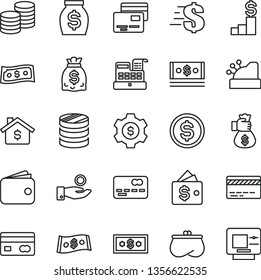 thin line vector icon set - bank card vector, dollar, cards, coins, reverse side of a, front the, column, catch coin, wallet, purse, money, dollars, cash, machine, cashbox, bag hand, mortgage, gear