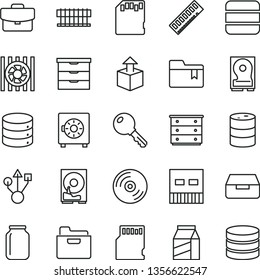 thin line vector icon set - folder bookmark vector, storage unit, chest of drawers, key, CD, big data, suitcase, drawer, strongbox, package, unpacking, barrel, jar, radiator fan, memory, hdd, usb
