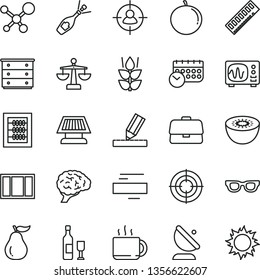 thin line vector icon set - minus vector, scales, chest of drawers, new abacus, window frame, drawing, cup tea, mint, tangerine, kiwi, ripe guava, satellite antenna, briefcase, man in sight, memory
