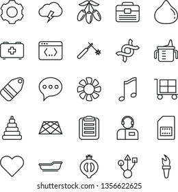 thin line vector icon set - cargo trolley vector, measuring cup for feeding, bath, stacking toy, bag of a paramedic, portfolio, pavement, heart, speech, music, storm cloud, operator, label, fig, fan