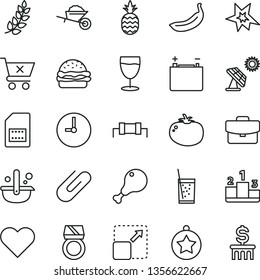 thin line vector icon set - garden trolley vector, wall clock, heart, suitcase, crossed cart, pedestal, clip, expand picture, burger, chicken leg, tomato, a glass of soda, pineapple, banana, bang