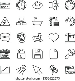 thin line vector icon set - heart symbol vector, danger of electricity, sign the planet, floppy disk, calendar, clock face, bank card, hat, beanbag, small rocking horse, crane, tower, bath, hawser