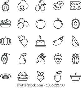 thin line vector icon set - cake vector, piece of cheese, burger, spaghetti, lettuce in a plate, garlic, coffee beans, fried egg, strawberry, grape, quince, pear, cornels, blueberries, half mango