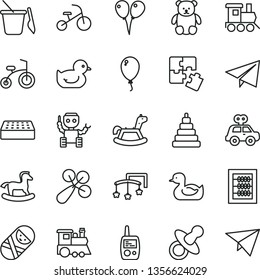 thin line vector icon set - paper airplane vector, toys over the cot, dummy, new abacus, baby rattle, rubber duck, duckling, stacking toy, motor vehicle present, tumbler, mobile phone, train, brick