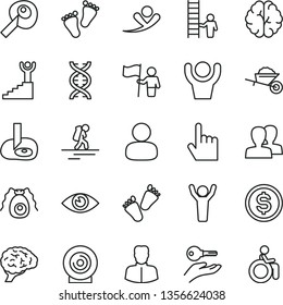 thin line vector icon set - women vector, footprints, children's tracks, garden trolley, index finger, eye, lens, woman, man, dollar, dna, brain, bactery, artifical insimination, winner stairway