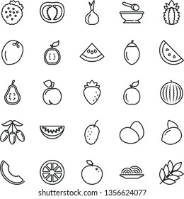 thin line vector icon set - deep plate with a spoon vector, eggs, onion, strawberries, orange slice, peach, raspberry, tasty mulberry, water melon, of, goji berry, yellow lemon, juicy, tamarillo