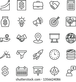 thin line vector icon set - billboard vector, geolocation, briefcase, water filter, man in sight, rocket, planet, column of coins, a crisis, denomination the dollar, financial item, catch coin, horn