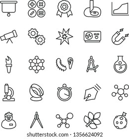 thin line vector icon set - math actions vector, round flask, magnet, microscope, telescope, molecule, gears, bactery, oscilloscope, scientist, drawing compass, artifical insimination, growth graph