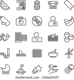 thin line vector icon set - bookmark vector, keyboard, spectacles, remove label, baby stroller, cubes for children, siphon, city block, camera, a bowl of rice porridge, orange slice, honeycombs