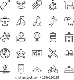 thin line vector icon set - earth vector, plane, sail boat, air balloon, bike, backpacker, escalator, security gate, passenger, ticket, phone registration, rolling case, tent, pool, hospital bed