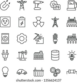 thin line vector icon set - drill vector, bulb, charging battery, working oil derrick, coal mining, gas station, barrel, hydroelectricity, power line, pole, electric plug, socket, industrial factory