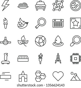 thin line vector icon set - lightning vector, minus, box of bricks, brick, heart, car, onion, honeycombs, hot pepper, leaves, drop oil, Measuring compasses, wall calendar, cpu, network, connect
