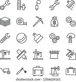 thin line vector icon set - bath ball vector, crane, building trolley, measuring tape, writing accessories, plummet, putty knife, spatula, case, pile, working oil derrick, coal mining, tower, gears