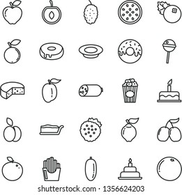 thin line vector icon set - cake vector, birthday, sausage, cheese, slice, with a hole, glazed, plate of milk, Chupa Chups, fried potato slices, cup popcorn, blueberries, strawberries, apple, quince