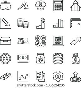 thin line vector icon set - purse vector, growth up, calculator, graph, negative chart, abacus, drawer, math actions, coins, column of, bar, a crisis, dollar, money, dollars, cash, arrows, gold