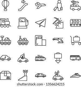 thin line vector icon set - paper airplane vector, baby toy train, cardboard box, coal mining, gas station, modern, conveyor, eco car, environmentally friendly transport, electric, lunar rover, bus