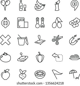 thin line vector icon set - wind direction indicator vector, cross, children's sand set, plastic fork spoons, yule, small, colored air balloons, move left, onion, tomato, popcorn, red apple, cornels