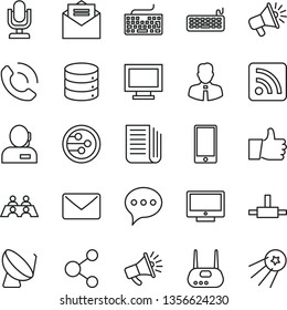 thin line vector icon set - desktop microphone vector, monitor window, keyboard, rss feed, employee, received letter, speech, thumb up, screen, smartphone, big data, phone call, satellite dish, horn