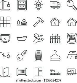 thin line vector icon set - cradle vector, baby cot, bath, house, brick wall, building trolley, window, stepladder, sink, key, tile, radiator, faucet mixer, hammer with claw, nightstand, hanger, arm