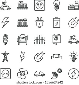 thin line vector icon set - lightning vector, concrete mixer, radiator, fan screw, charging battery, big solar panel, bulb, hydroelectric station, hydroelectricity, power line, plug, socket, light