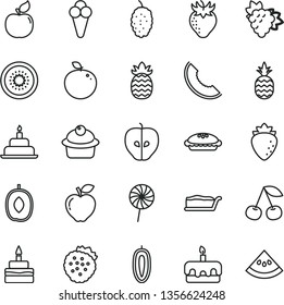 thin line vector icon set - birthday cake vector, muffin, slice, torte, pie, lollipop, cone, strawberries, a pineapple, cherry, branch of grape, apricot, red apple, tasty, raspberry, strawberry