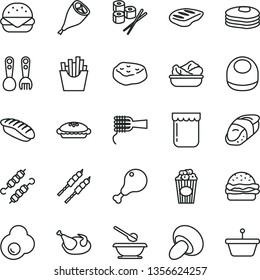 thin line vector icon set - baby bib vector, plates and spoons, plastic fork, big burger, noodles, porcini, pie, lettuce in a plate, chicken, leg, grill, chop, barbecue, meat on skewers, piece of