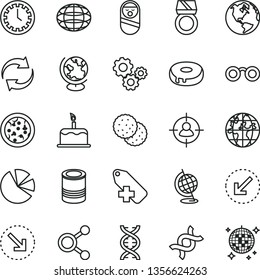 thin line vector icon set - clock face vector, renewal, add label, roly poly doll, left bottom arrow, cake, right, tin, pizza, with a hole, biscuit, connections, man in sight, gears, globe, planet
