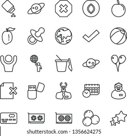 thin line vector icon set - mark of injury vector, check, dummy, baby powder, bath ball, children's sand set, colored air balloons, delete page, plum, blueberries, ripe, tasty, planet, schedule, gpu