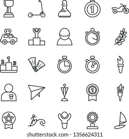 thin line vector icon set - motor vehicle present vector, child Kick scooter, timer, pedestal, racer, stopwatch, flame torch, winner, laurel branch, podium, cup, gold, pawn, man with medal, pennant