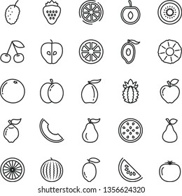 thin line vector icon set - strawberry vector, pear, cherry, apple, quince, red, tasty, mulberry, water melon, slice of, half mango, loquat, lemon, juicy, kiwi, passion fruit, orange, ripe pineapple