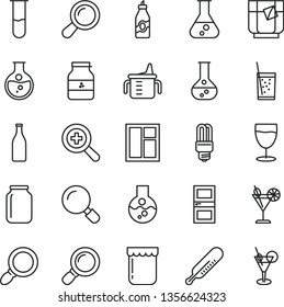 thin line vector icon set - zoom vector, measuring cup for feeding, mercury thermometer, window, interroom door, magnifier, a glass of soda, tea, cocktail, jam, jar, liquor, round flask, light bulb