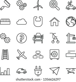 thin line vector icon set - sign of the planet vector, zoom, minus, question, bib, sitting stroller, concrete mixer, new roller, stepladder, brick, home, flowchart, strongbox, windmill, plug, gears