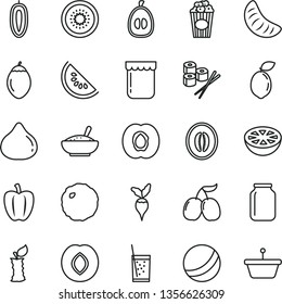 thin line vector icon set - bath ball vector, a bowl of rice porridge, cabbage, sushi set, cup popcorn, glass soda, jam, half apricot, plum, fig, tasty cornels, slice water melon, tangerine, loquat