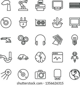 Thin Line Vector Icon Set - Camera Vector, Monitor Window, Sewerage, Headphones, Cardiogram, Manufacture, Bulb, Plug, Electric Transport, Assembly Robot, Metallurgy, Three Gears, Keyboard, Gpu Card