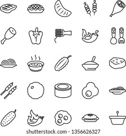 thin line vector icon set - plastic fork spoons vector, canned goods, fried vegetables on sticks, onion, slices of, noodles, pie, apple, a bowl buckwheat porridge, in saucepan, chicken thigh, chop