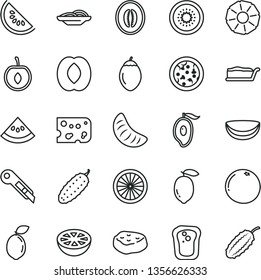 thin line vector icon set - stationery knife vector, piece of cheese, pizza, slices onion, cake slice, meat, cucumber, sandwich, water melon, half mango, peach, tangerine, cherry, lemon, kiwi