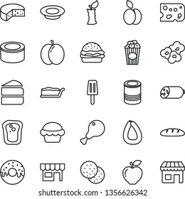 thin line vector icon set - kiosk vector, sausage, stick of, piece cheese, loaf, canned goods, tin, burger, cake, slice, glazed with a hole, plate milk, chicken leg, popcorn, cup, popsicle, apple
