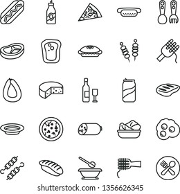 thin line vector icon set - plates and spoons vector, plastic fork, sausage, stick of, cheese, fried vegetables on sticks, pizza, piece, Hot Dog, mini, spaghetti, noodles, pie, lettuce in a plate
