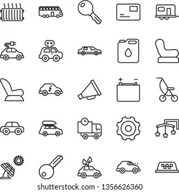 Thin Line Vector Icon Set - Truck Lorry Vector, Horn, Toys Over The Cot, Baby Chair, Car Child Seat, Summer Stroller, Motor Vehicle, Present, Key, Pass Card, Delivery, Big Solar Panel, Accumulator