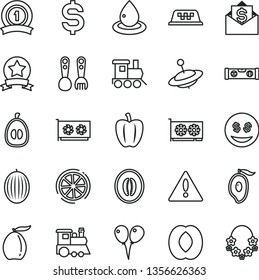 thin line vector icon set - warning vector, plastic fork spoons, baby toy train, children's, yule, colored air balloons, building level, melon, half of mango, loquat, peach, slice lemon, Bell pepper