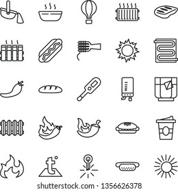 thin line vector icon set - electronic thermometer vector e, heating coil, temperature, radiator, new, boiler, loaf, Hot Dog, mini, noodles, pie, porridge, chop, chili, coffe to go, a glass of tea