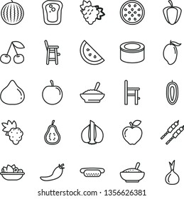 thin line vector icon set - a chair for feeding vector, child, canned goods, mini hot dog, bowl of buckwheat porridge, rice, plate fruit, barbecue, orange slice, sandwich, cherry, grape, branch, fig